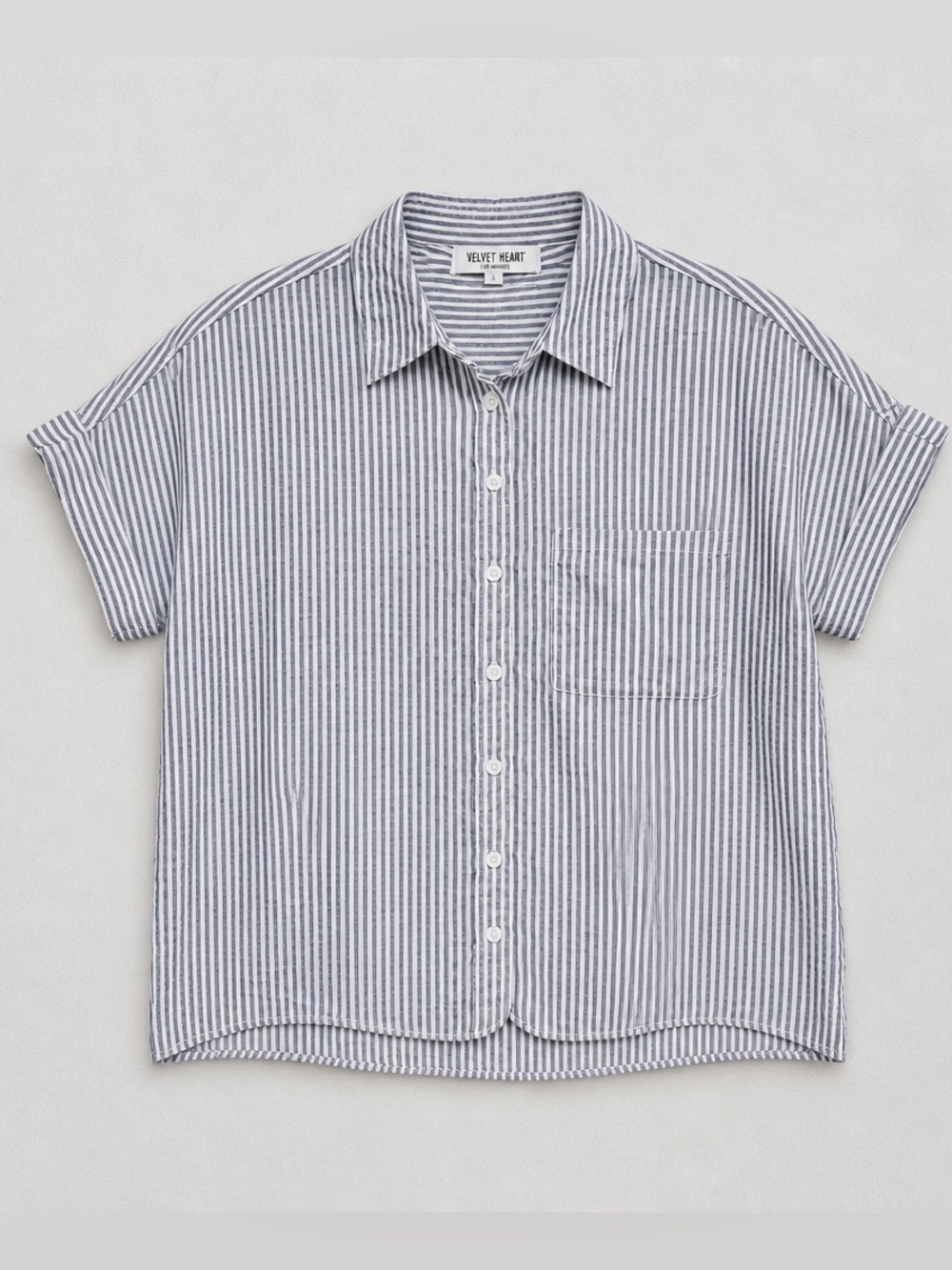 Velvet Heart Los Angeles Striped Button Up Blouse Blue White Roll Sleeve Top S